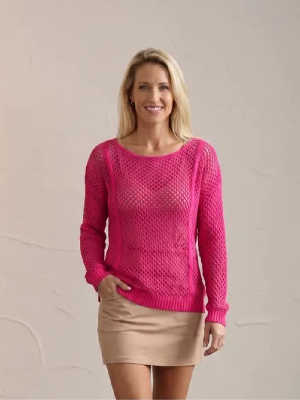 Body Central Open-Knit Crew Sweater in Hot Pink